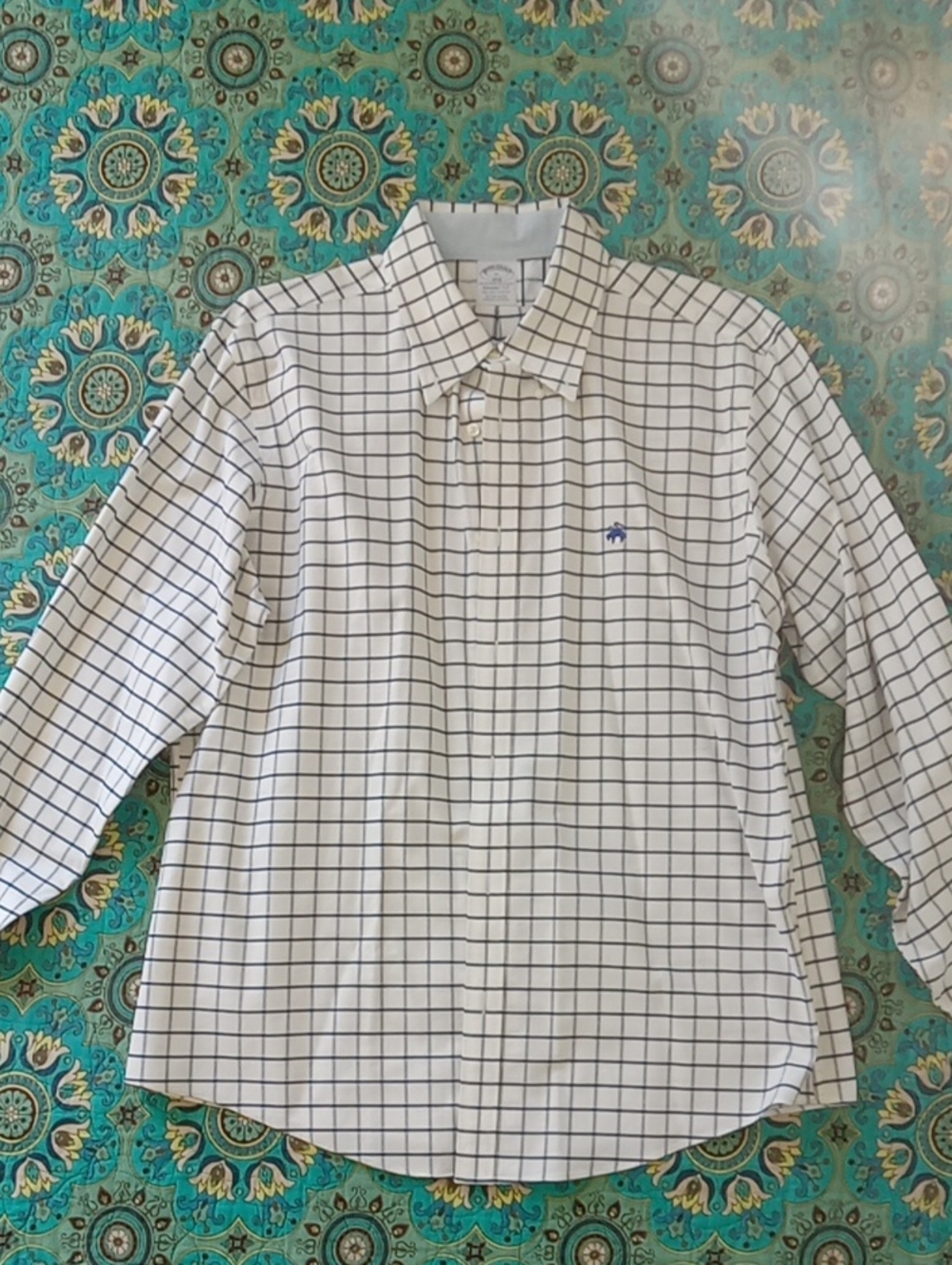 Brooks Brothers White Shirt with Navy Windowpane Grid